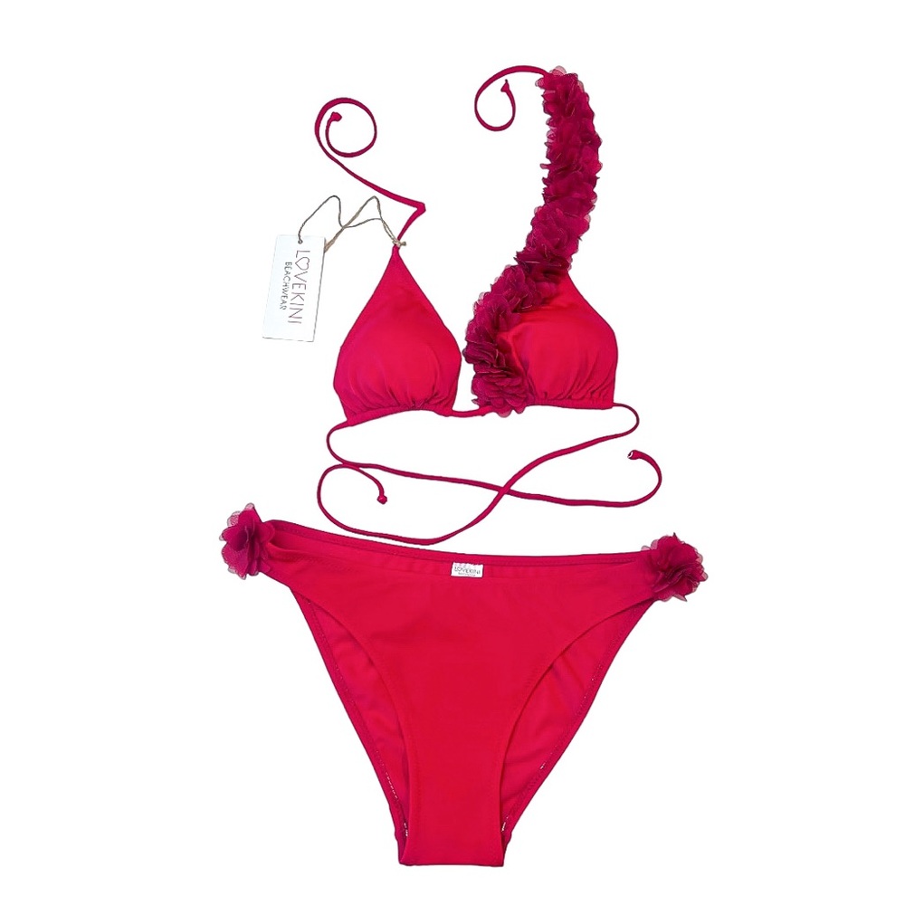 Red Bikini With Red Chiffon Flowers Straps